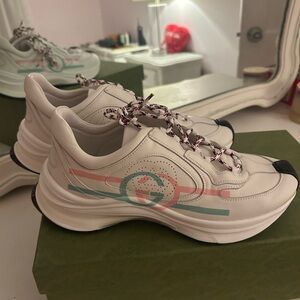 Gucci Run Women's White Sneakers with Pink and Teal Accents